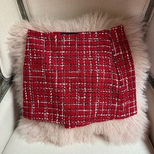 Zara Red Tweed Plaid Mini Skirt Skort Shorts Small S 2 4